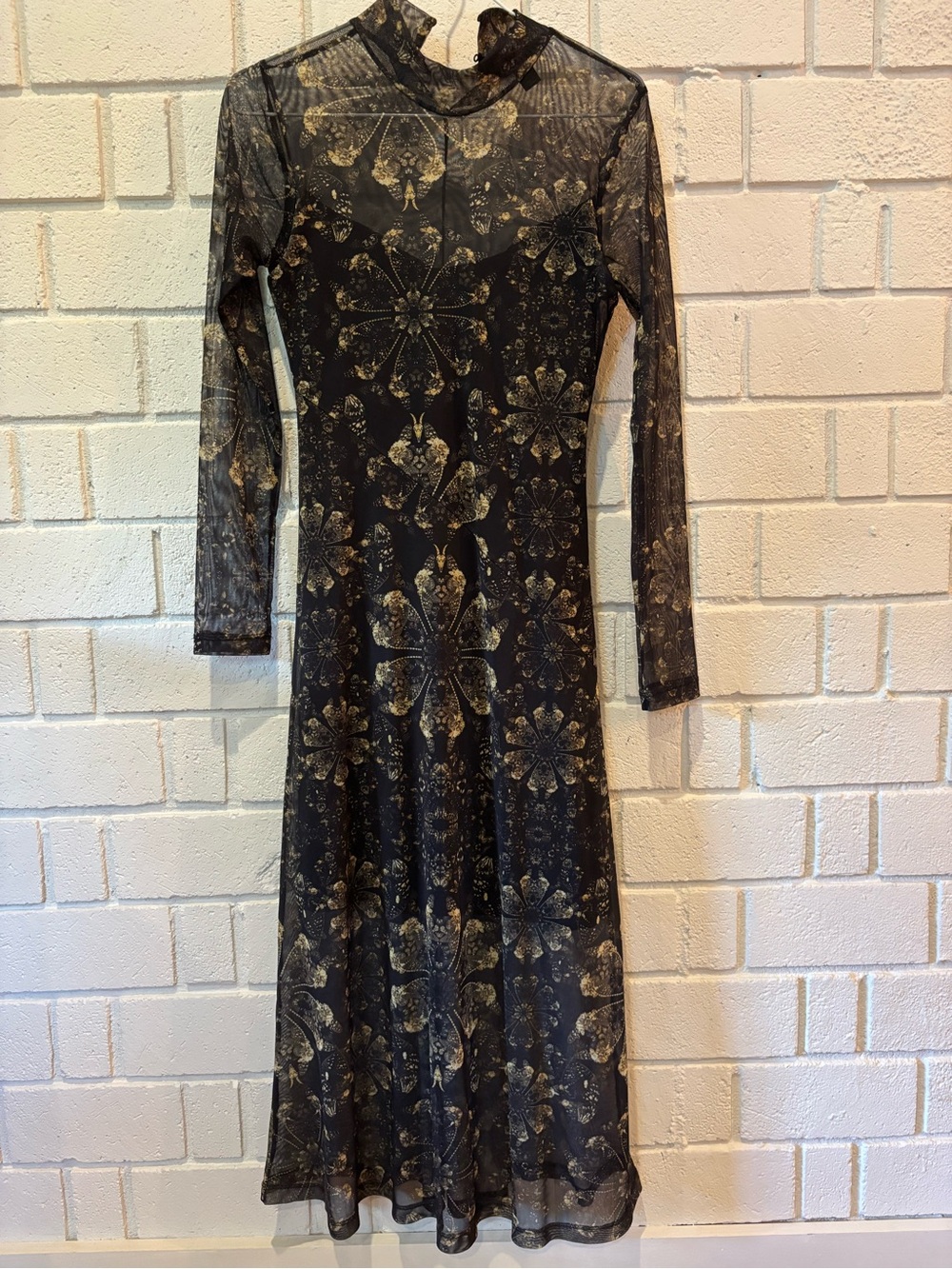 AllSaints Black Mesh Long-Sleeve Dress with Greenish Floral Motif